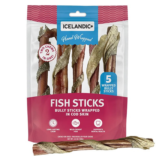 Icelandic+ Dog Beef Bully Stick Wrapped w/Fish Skin 6" 5pk