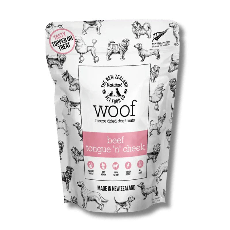 NZ Natural Pet Food Co Freeze Dried Treats Woof Beef Tongue 'n' Cheek 50g
