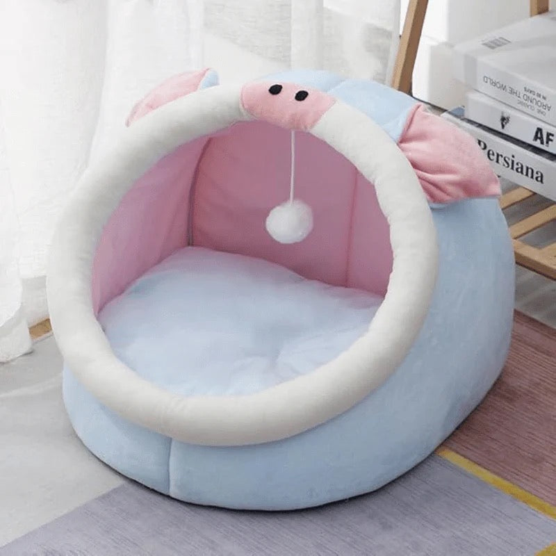 One For Pets - Cat Bed - Semi-inclosed - Blue Piggy with Teaser
