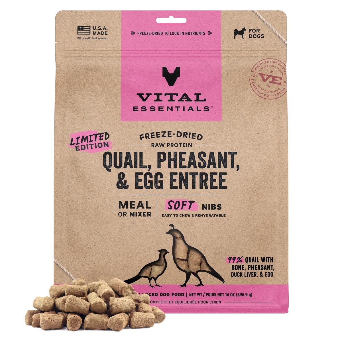 Vital Essentials Quail-Pheasant Egg Entree &Mix Dog Soft Nibs 14OZ